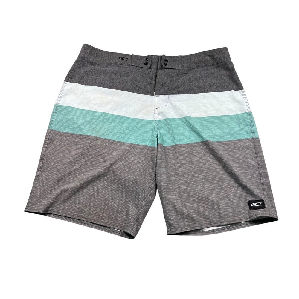 O'Neill Hyperfreak Board Shorts Mens 38 Gray Aqua Striped Stretch Surf Swim